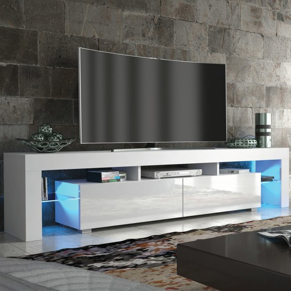 Mex Furniture Sleek Modern 200cm TV Unit Cabinet Stand White High Gloss Doors with Free LED Lights