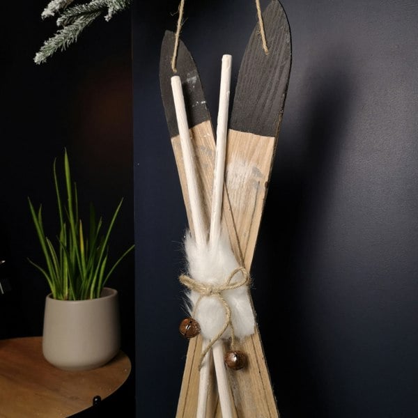 Samuel Alexander 55cm Wooden Skis with Decorative White Fur and Silver Bells Christmas Decoration