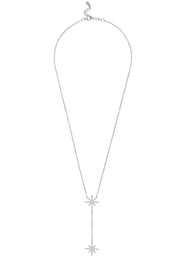 Silver necklace with star-shaped pendant on a white background