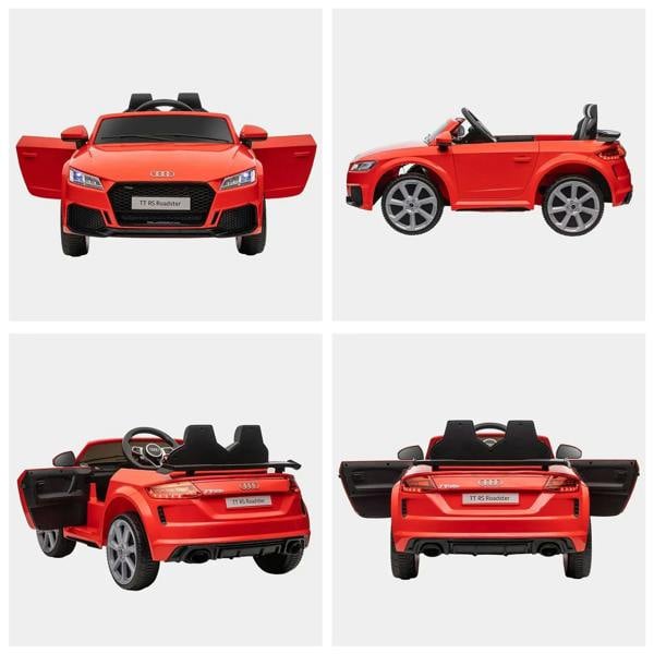Red kids Audi TT RS Roadster ride-on car shown in front, side, and rear angles