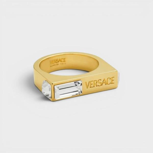 Versace Logo Engraved Crystal Embellished Ring Gold