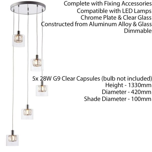 Multi Light Ceiling Pendant 5 Bulb Chrome & Crystal Chandelier Height Drop Lamp Loops