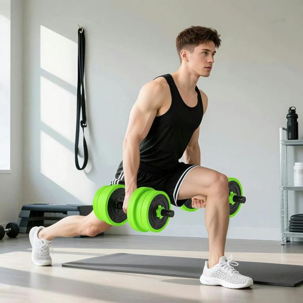 Green adjustable barbell plates and bar with a kettlebell handle used for a lunge