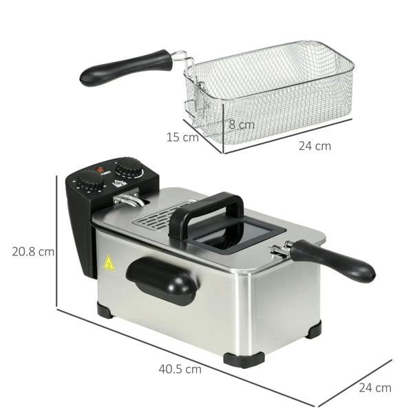Stainless steel deep fat fryer with wire basket and black side handles, size diagram