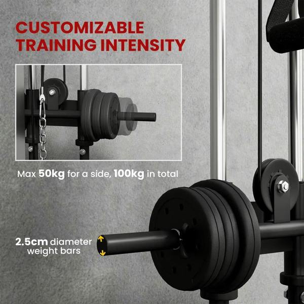 Wall-mounted cable machine detail with weight stack plates and steel weight bars