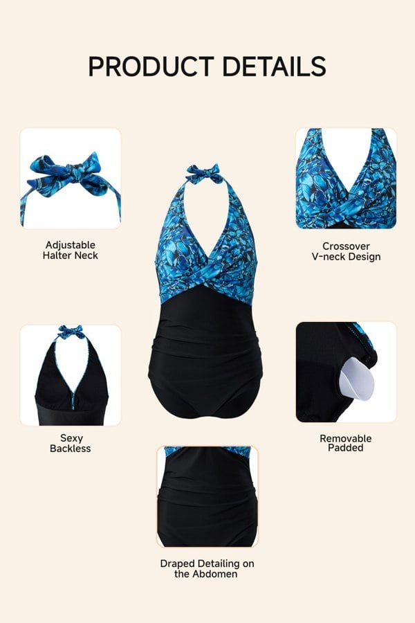 Modishion Stylish Halter Neck One-Piece Swimsuit