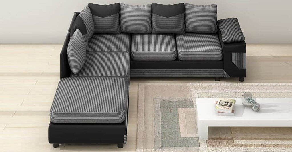 SQUAREBOXX Dino Jumbo Cord with Leather 4-5 Seater Fabric Corner Sofa in Grey with Black
