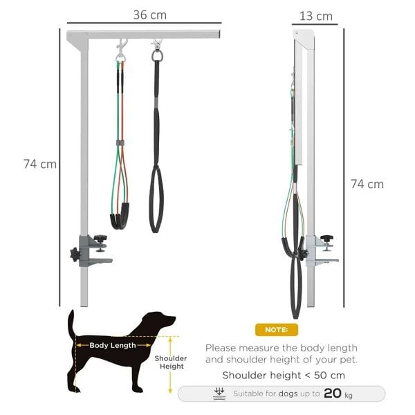 Adjustable pet grooming arm clamp with grooming loop and haunch holders, measurement view