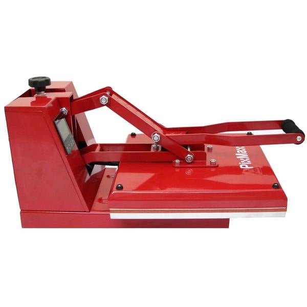 Red 38cm clam press with a sturdy base, adjustable lever, and flat heating surface, ideal for heat transfer applications