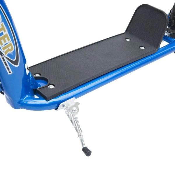 Blue kids kick scooter with black deck and kickstand