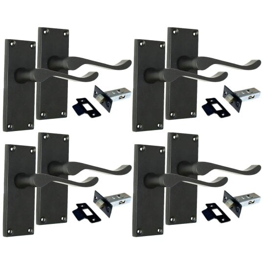 EDH Door Hardware Matt Black Victorian Scroll Door Handles on Backplate – 118mm x 42mm 4 Pairs + Tubular Latches