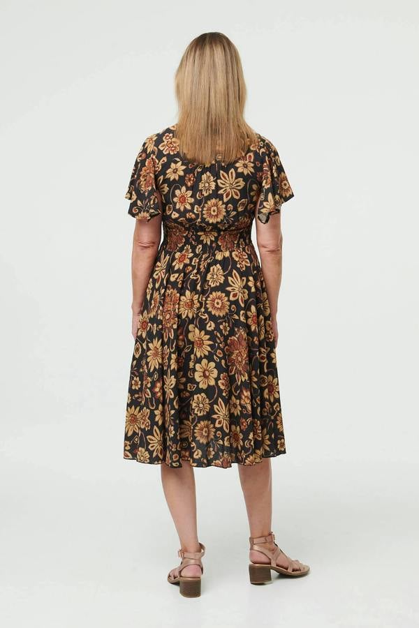 Black | Floral Shirred V-Neck Knee Length Dress