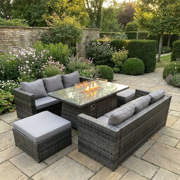 Fimous 8 Seater Rattan Outdoor Gas Fire Pit Dining Set with 2 Sofas & 2 Large Footstools - Dark Grey
