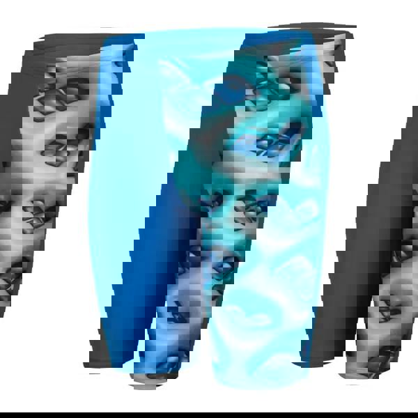 Boys logo graphic swim jammer in blue river water with teal diamond pattern