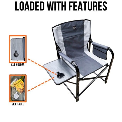 An infographic of the OLPRO Directors Camping Chair in grey explaining that the chair is loaded with features.