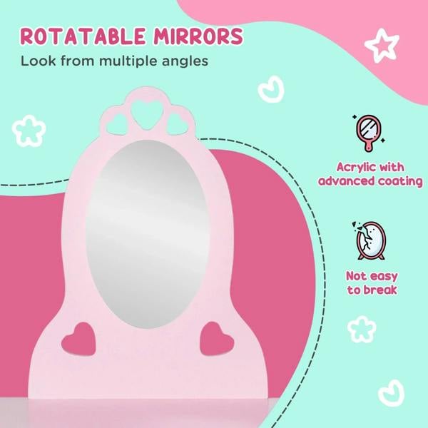 Pink oval vanity mirror with decorative heart-shaped frame