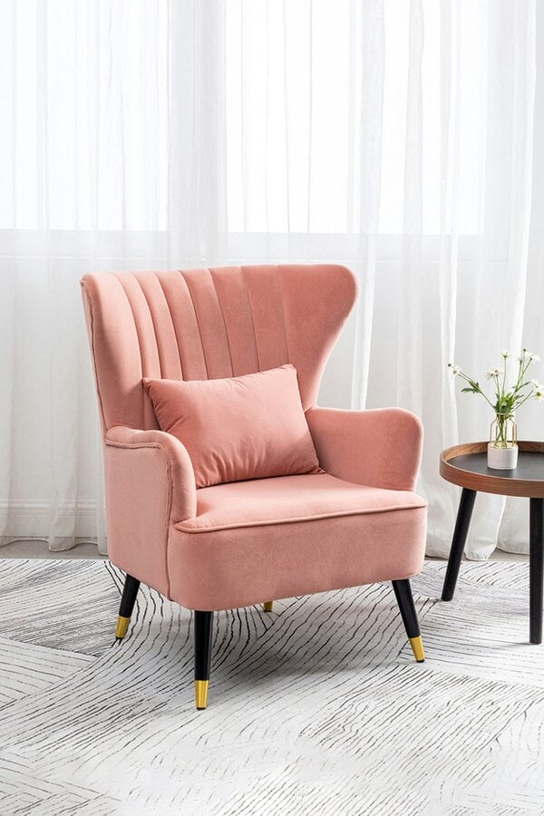 Living and Home Pink Velvet Stripe Curved Wing Back Armchair with Pillow