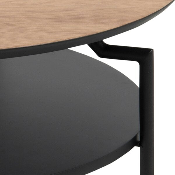 Wyld Haus Fuglebjerg Round Coffee Table Oak Top Black Metal Legs Bottom Shelf