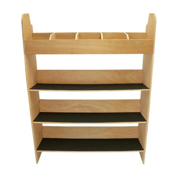 Ford Transit Custom toolbox van racking in light wood with four shelves, featuring black rubber mats for grip and organization