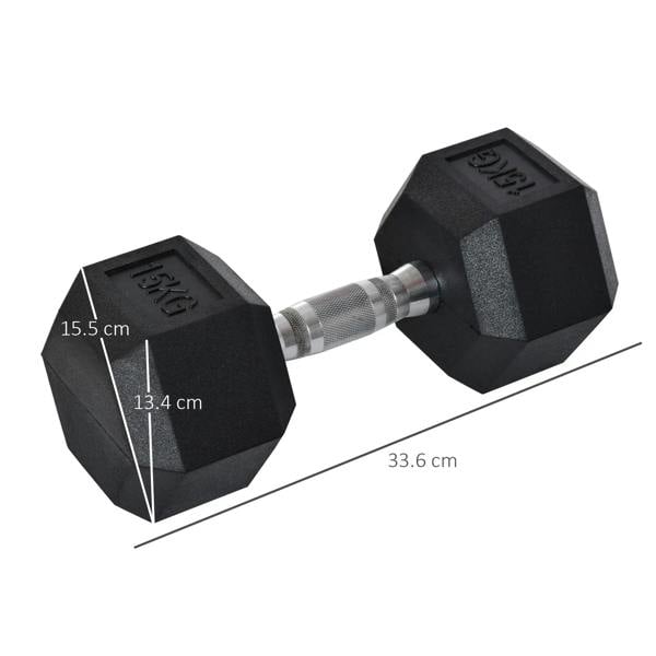 15kg black rubber hex dumbbell with knurled steel handle; size marked on weights.