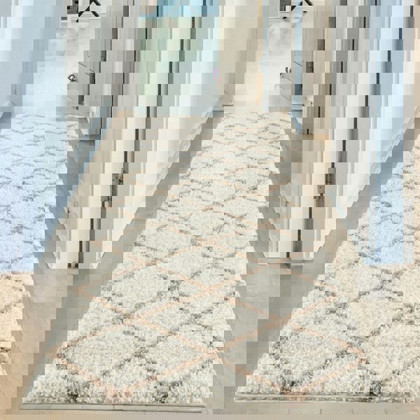 Diamond Design Thick Shaggy Area Rugs Ivory Beige