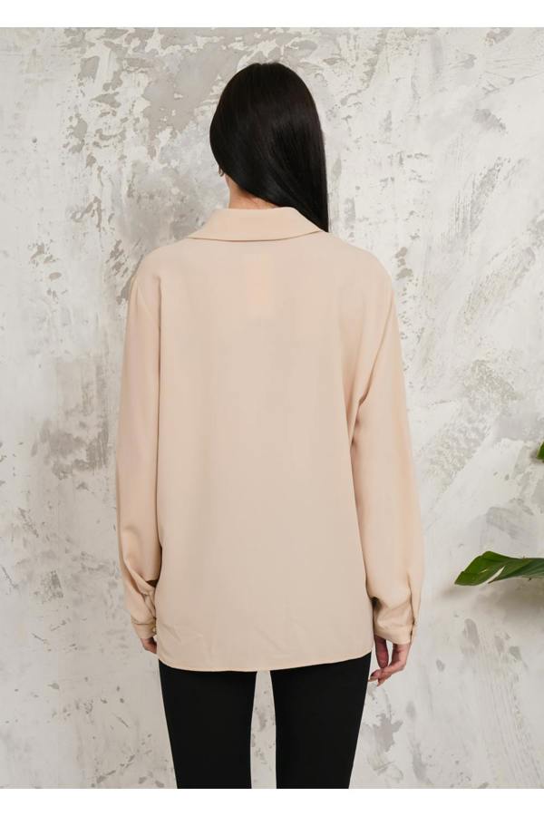 Hoxton Gal Relaxed Fit Long Sleeve Blouse with Tie Detail in Beige