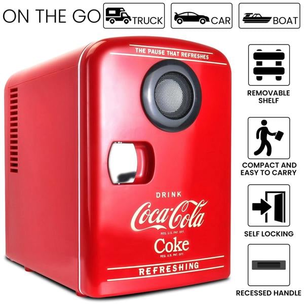 Coca-Cola Coca Cola 4L Mini Fridge For Bedrooms 6 Can 12V Portable Cooler Warmer with Bluetooth Speaker
