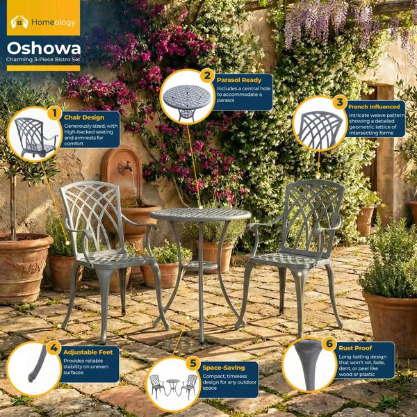 Homeology OSHOWA Grey Aluminium Weatherproof Outdoor Table and 2 Comfortable Chairs with Armrests Bistro Set