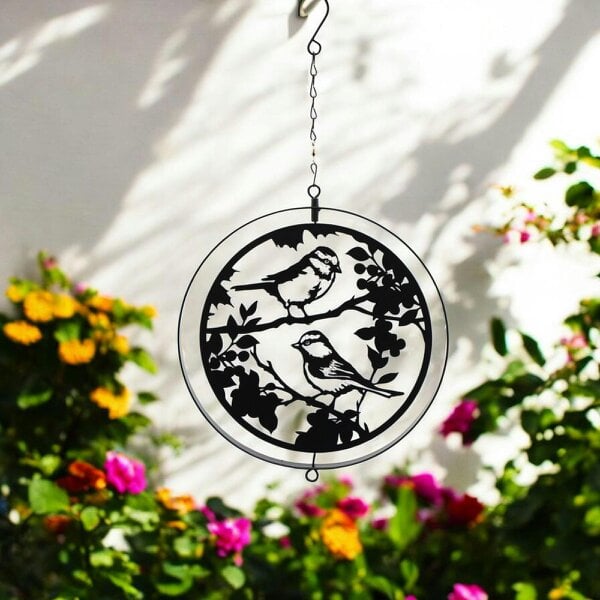EDH Door Hardware Black Metal Blue Tit Hanging Silhouette Orbit Spinner – 39cm x 23cm | Elegant Garden & Patio Décor | Wind Spinner for Outdoor Spaces