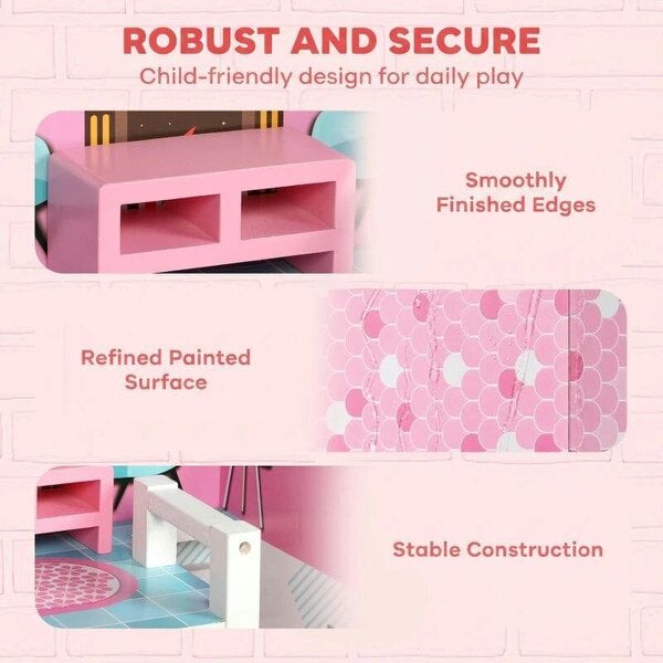 Wooden Dolls House, Large 3-Storey Modern Dollhouse with 10 Accessories, Pretend Play Toy Gift for Ages 3-6 Years, Pink