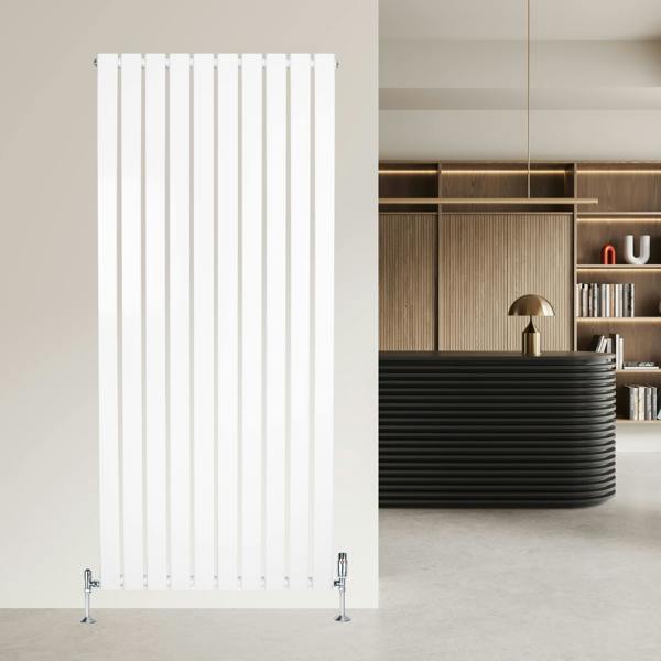Flat single column radiator in white, 1600 x 700mm, featuring sleek vertical lines, mounted on a modern interior wall with stylish decor