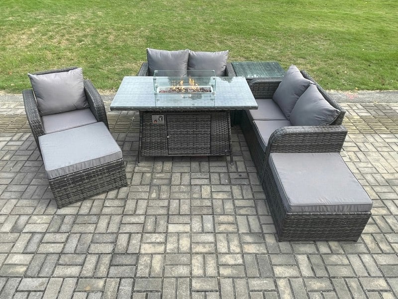 Fimous Rattan Outdoor Gas Fire Pit Dining Set | Reclining Chair, Sofa, Side Tables, 2 Large Footstools | Dark Grey