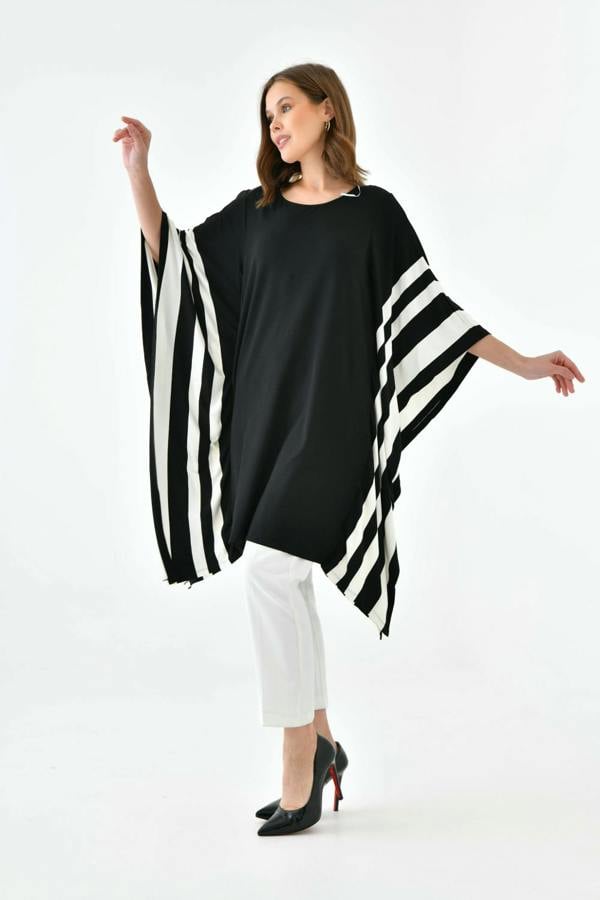 Hoxton Gal Oversized Wide Sleeve Tunic Dress with White Stripe Details in Black