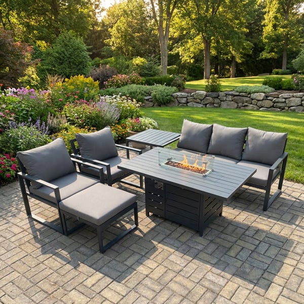 Fimous 6 Seater Aluminium Outdoor Gas Fire Pit Dining Set with Sofa, 2 Armchairs, Side Table, Footstool - Dark Grey