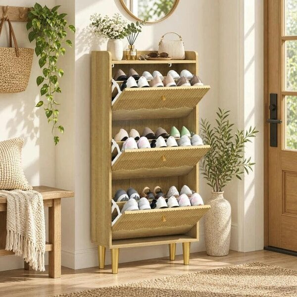 Bobobiy Narrow Shoe Cabinet, Modern Shoe Storage Cabinet with 3 Flip Drawers, Oak