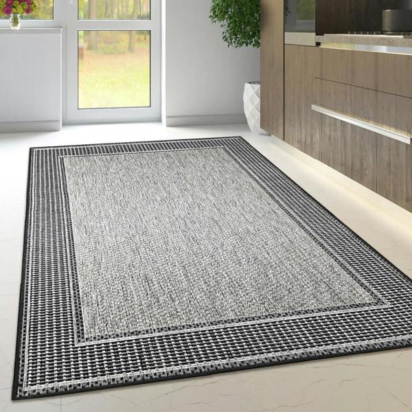 Non-Slip Grey Rug Flat Weave Border Design Kitchen Dining Room Living Room Area Mat