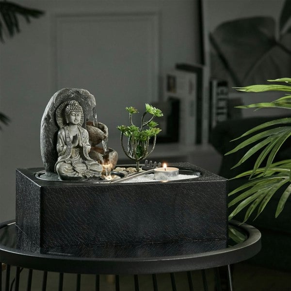 Buddha Zen Tabletop Fountain with LED Light, Tealight Holder and Succulent Table Decorations Living and Home