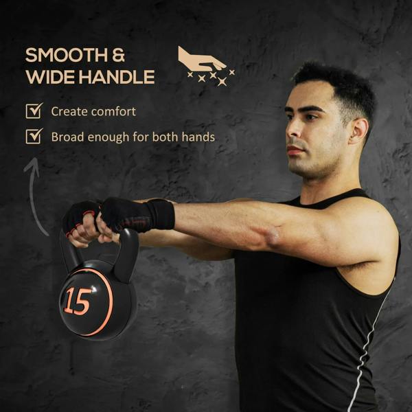 15 lb black kettlebell with wide handle for smooth two-hand grip