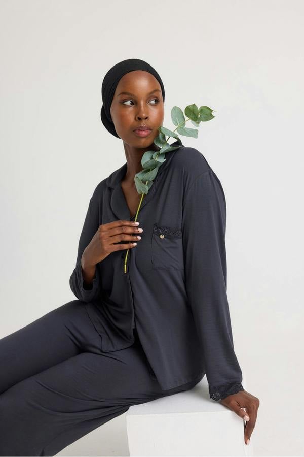 Bamboo Lace Long Pyjama Set in Raven - Wholesale - Pajamas