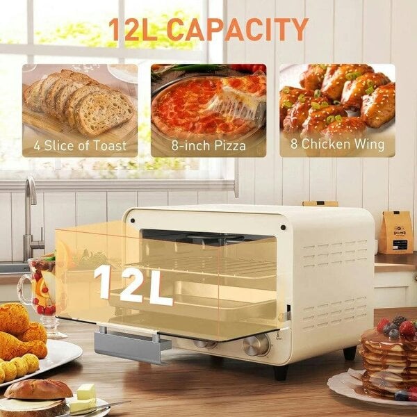 Mini Oven, Small Toaster Oven with Glass Door, Adjustable Temperature and Timer, Accessory Included, 750W, Cream White