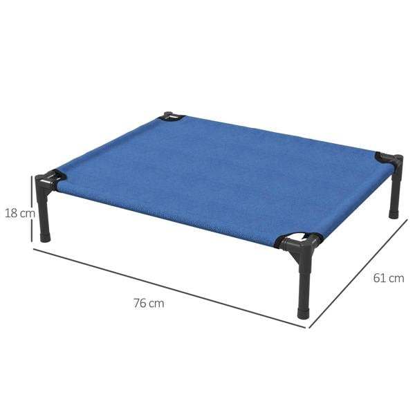 Blue elevated pet bed on black metal legs with corner straps and support frame
