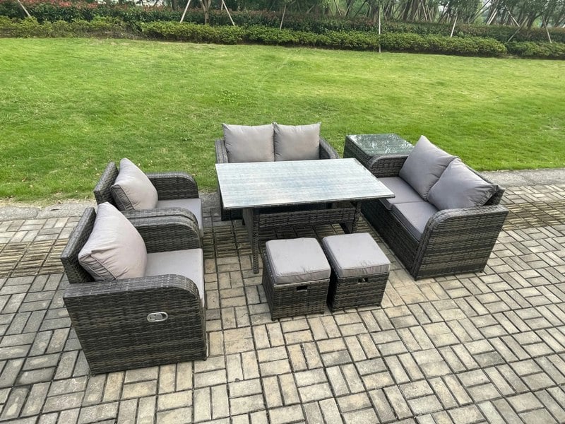 Fimous Rattan Outdoor Furniture Garden Dining Set Rectangular Table and Chair Sofa Set With Side Table 2 Small Footstools Dark Grey Mixed