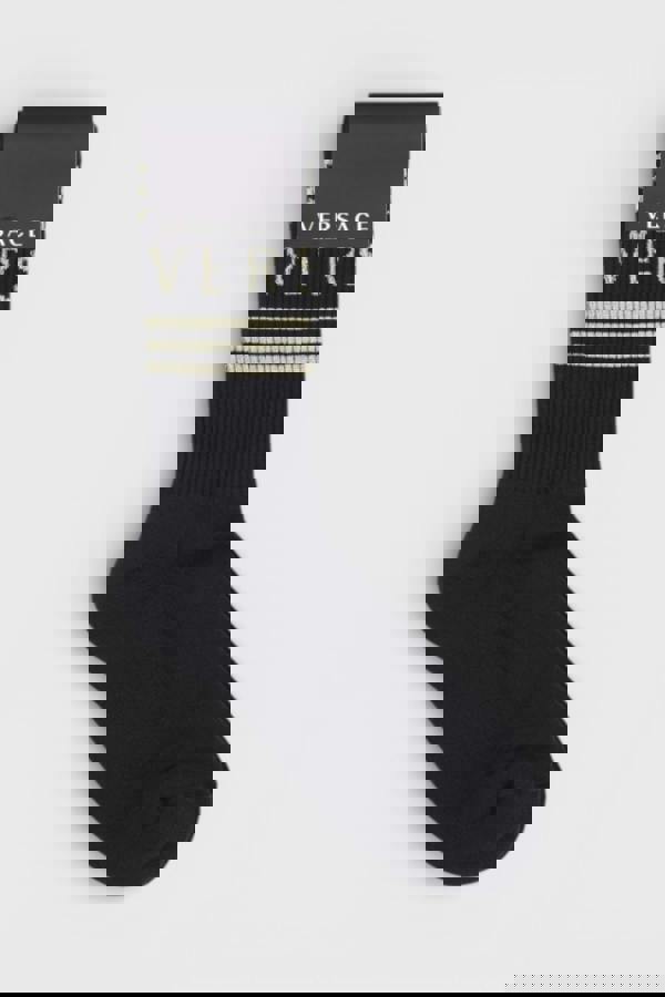 Versace Logo Intarsia Cotton Gold Tinted Crew Socks Black