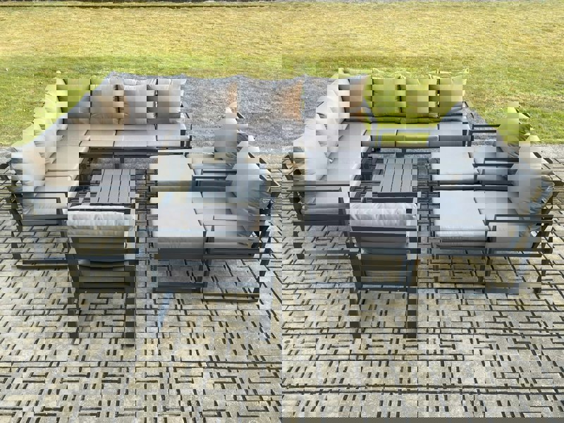 Fimous 11 Seater Outdoor Lounge Corner Sofa Set Aluminum Garden Furniture Sets with Square Coffee Table 3 Chairs 2 Big Footstools Dark Grey