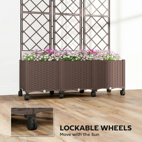 Plastic Raised Planter with Trellis, Self Watering Raised Bed for Garden with Wheels, Drainage Holes, Brown