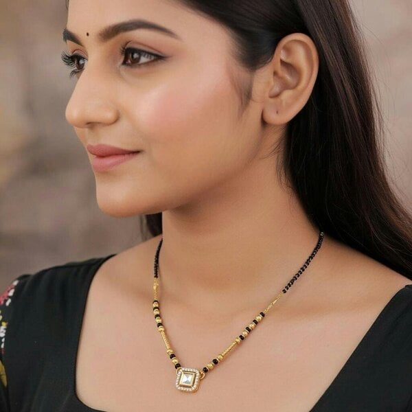 The Colourful Aura Square Solitaire Charm Black Beaded 18ct Gold Plated Mangalsutra Necklace
