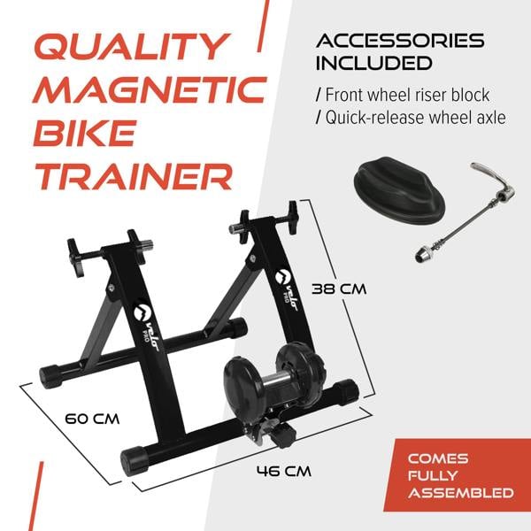 Velo Pro Black Magnetic Turbo Trainer with sturdy black frame, adjustable height, and included front wheel riser block and tools