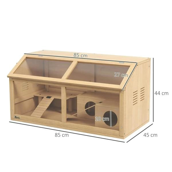 Wooden hamster cage side view with open compartments, platforms, and round tunnel hut.