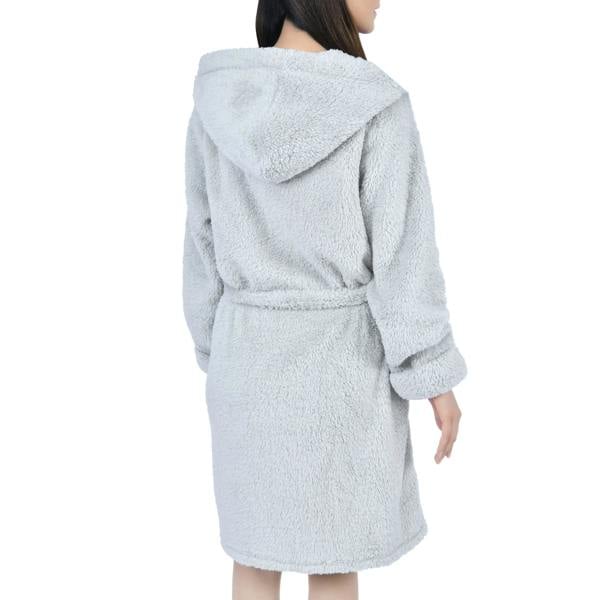 Smart Living Women's Faux Fur Fleece Hooded Bathrobe- Grey
