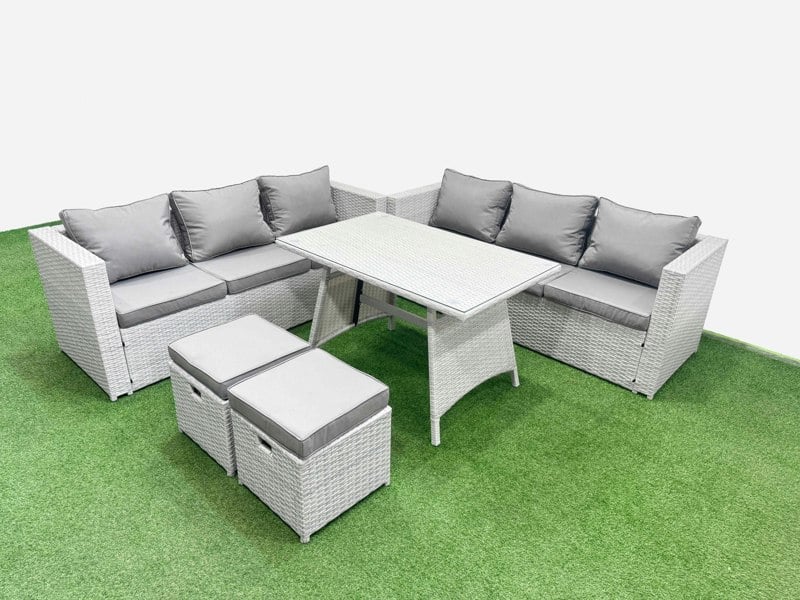Fimous Rattan Garden Furniture Dining Set 8 seater Patio Rectangular Table 3 Seater Sofa Set with 2 Small Stools Light Grey